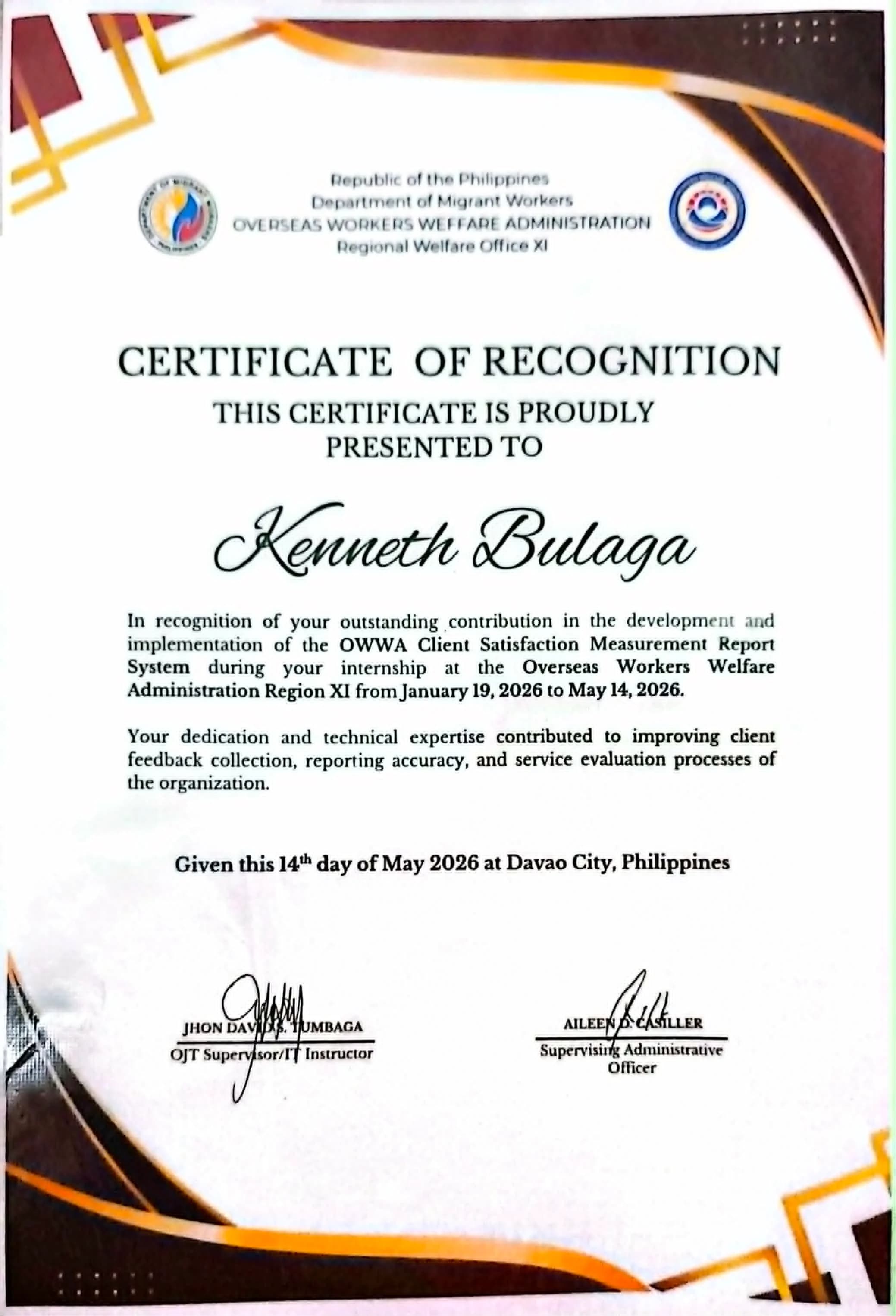 OWWA Client Satisfaction Measurement Report System — Official Commendation