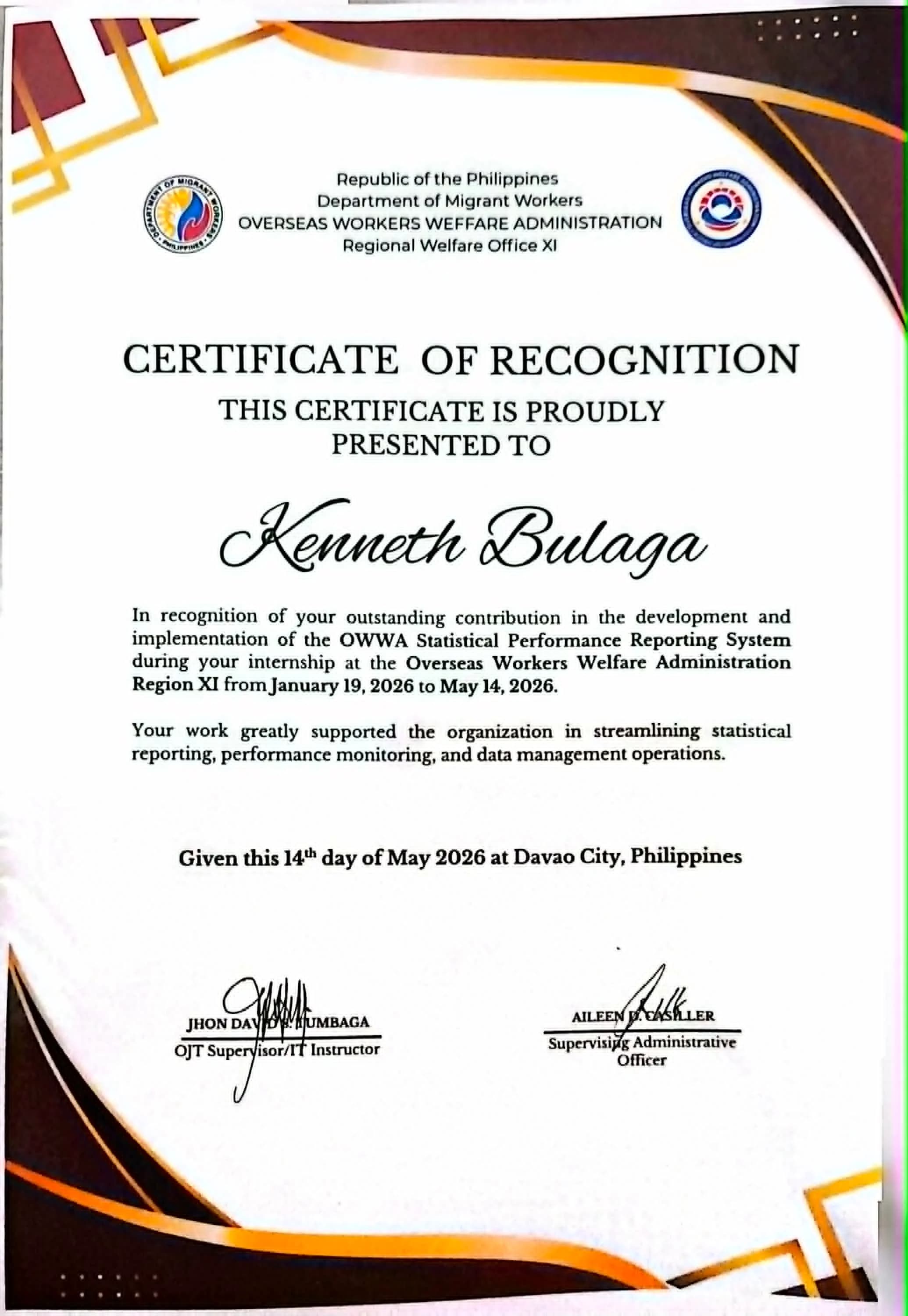 OWWA Statistical Performance Reporting System — Official Recognition