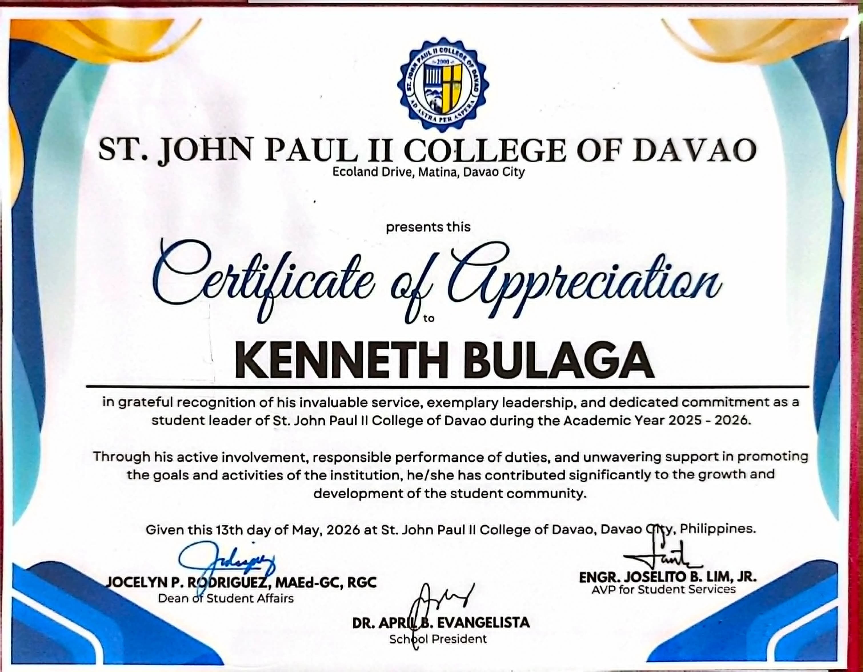 Institutional Service Award & Student Governance — Student Leadership Appreciation