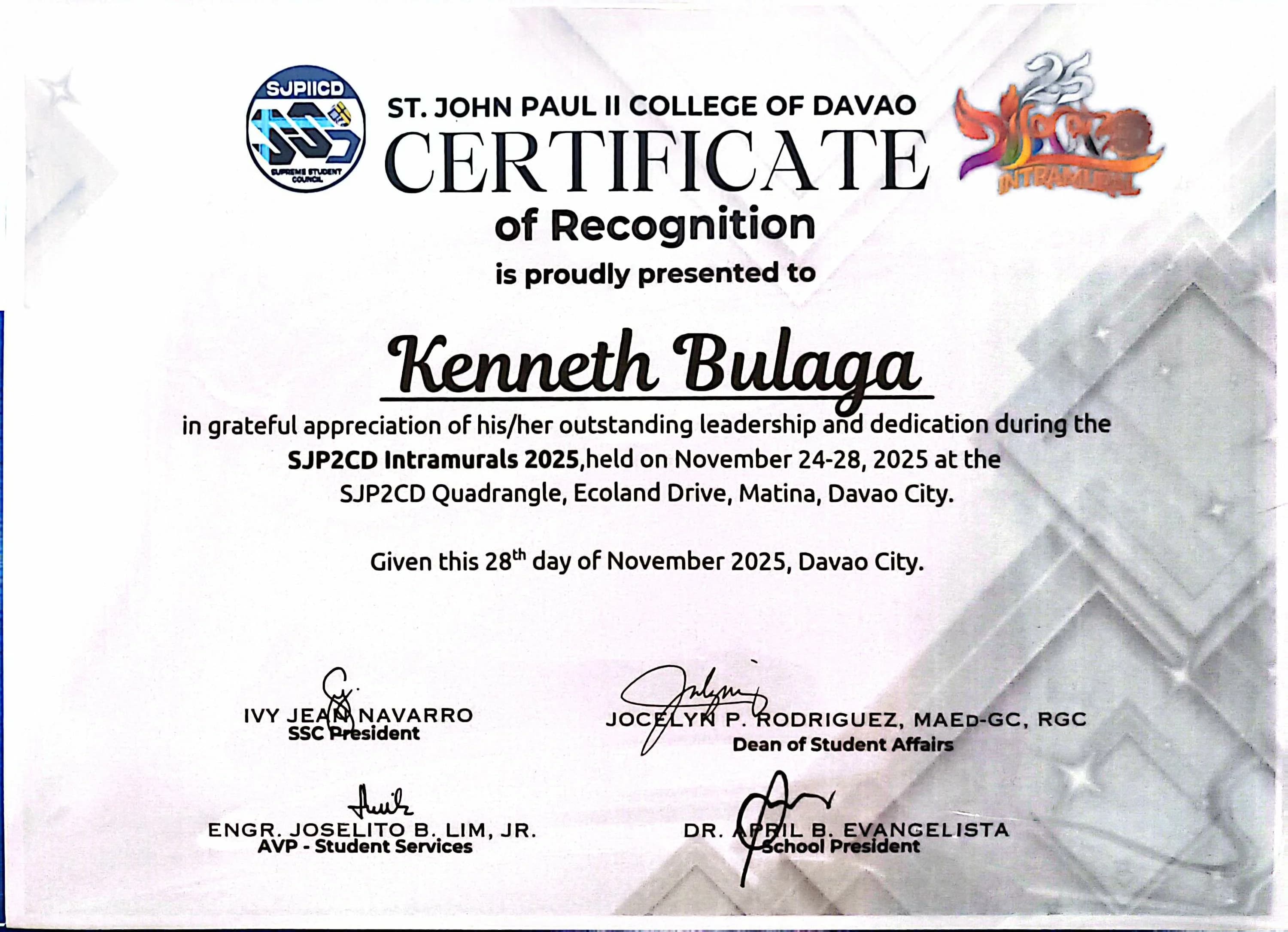 Institutional Service Award & Student Governance — Intramurals Leadership